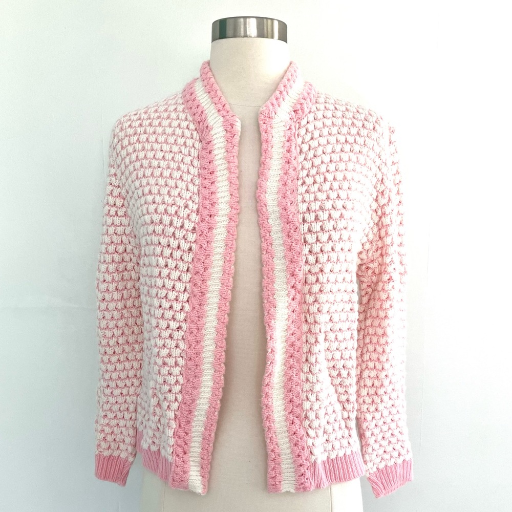Vintage 50’s pastel pink & white knit open cardigan sweater